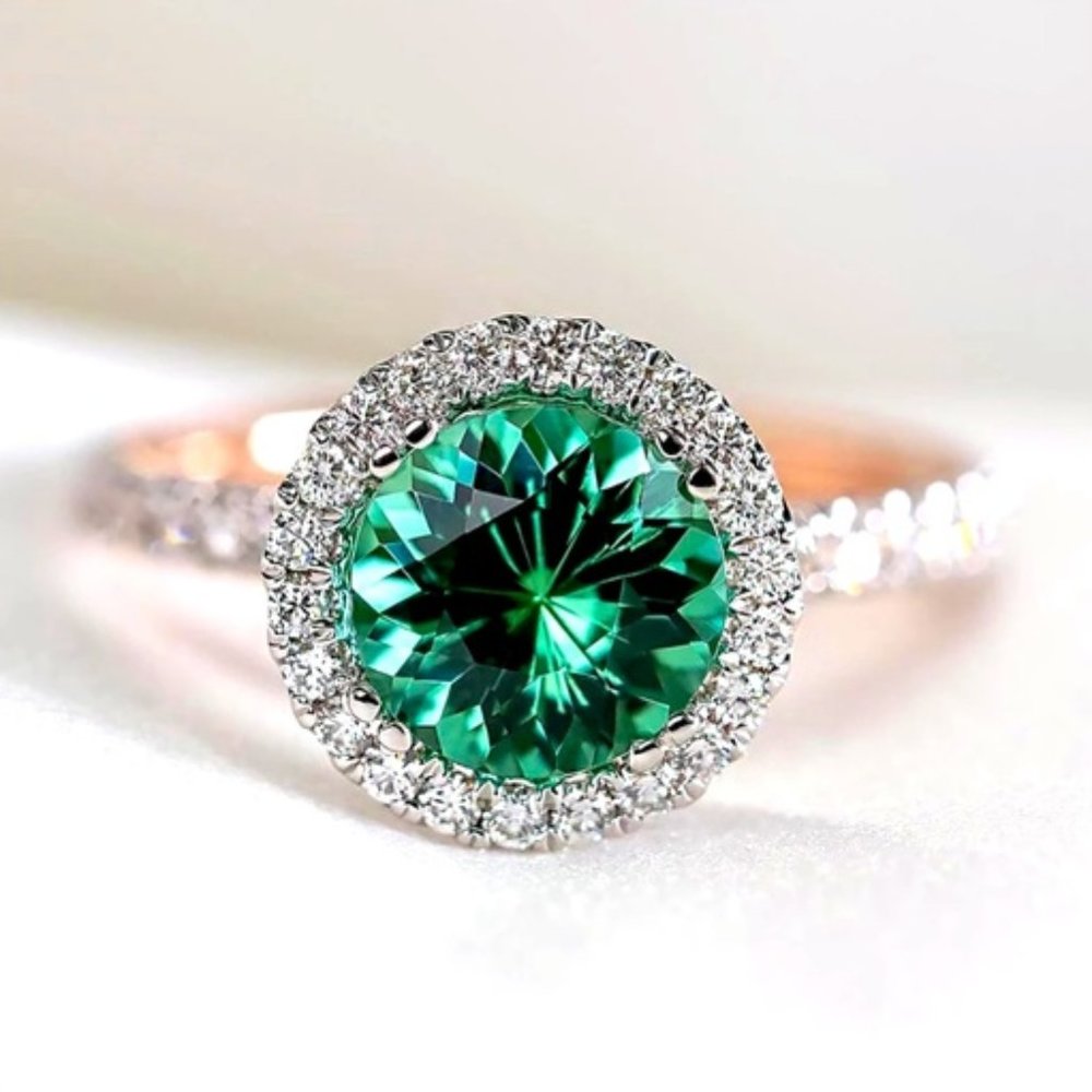 New Two Tone S925 Simulated Green Round Emerald Halo Ring